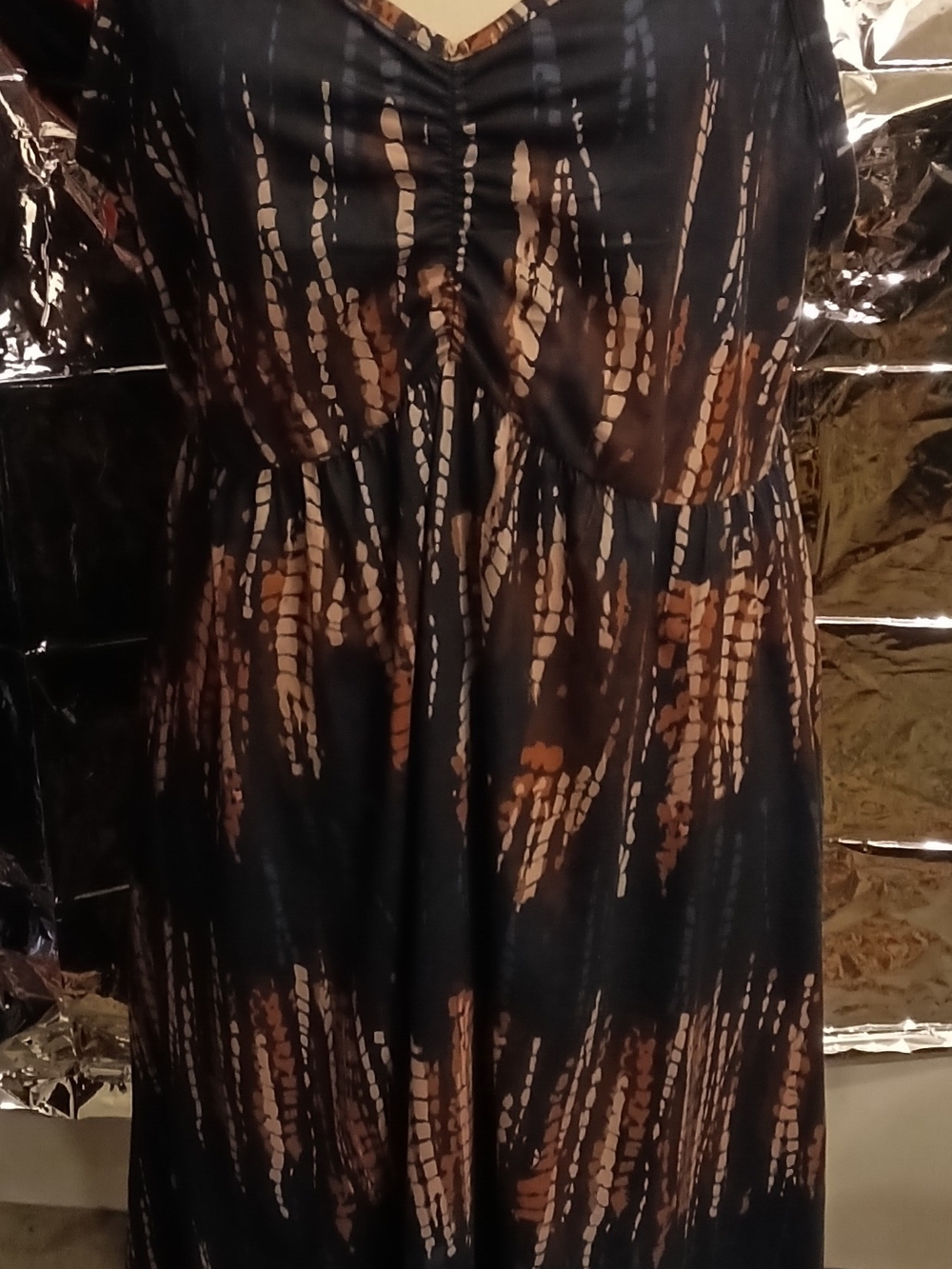 Sleeveless Black and Brown Patterned V-Neck Dress